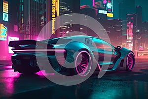 Supersport car parked on the street at cyberpunk city illuminated with neon lights. Postproducted generative AI illustration. photo