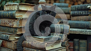 superstitions and symbols, a dark cat sits on a pile of books, symbolizing mystical beliefs about fate and fortune photo