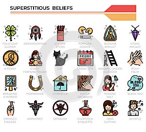 Superstitious beliefs icon set