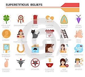 Superstitious beliefs icon set