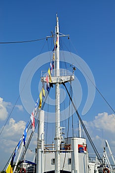 Superstructure of ship and flags