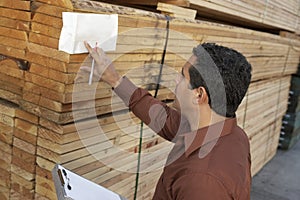 Supervisor Checking Label On Stack Of Wood