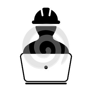 Supervisor icon vector male construction worker person profile avatar with laptop and hardhat helmet in glyph