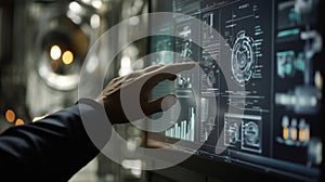 Supervisor monitoring production line using futuristic software in factory