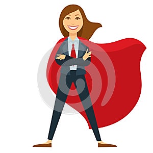 Superwoman in formal office suit with red tie and cloak photo