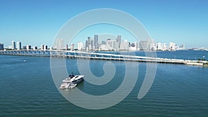 Superyacht in Biscayne Bay with downtown Miami skyline