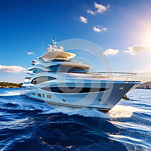 superyacht cutting through azure waters