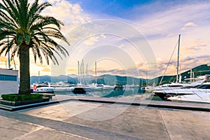 Superyachts in marina. Waterfront of Tivat, Montenegro.