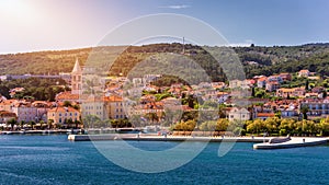 Supetar city in Brac island, Croatia. View from the sea. Picturesque scenic view on Supetar on Brac island, Croatia. Panoramic