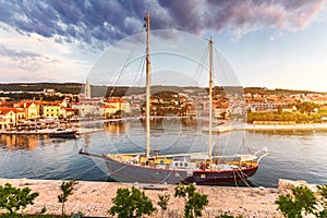 Supetar city in Brac island, Croatia. View from the sea. Picturesque scenic view on Supetar on Brac island, Croatia. Panoramic