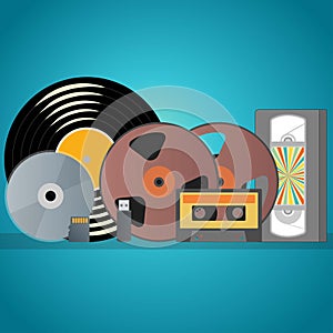 Video and audio recording equipment like cassette, vinyl, usb stick, secure digital card, film reel, compact disk