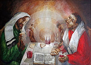 Supper at Emmaus, detail of altar in Chapel in Oberstaufen, Germany