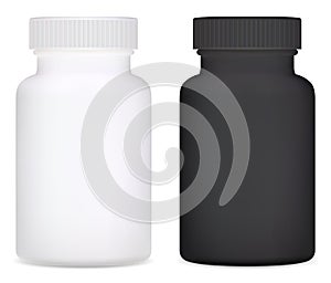 Supplement bottle. Plastic vitamin pill bottle jar