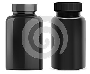 Supplement pill bottle. Black plastic vitamin jar