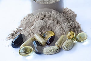 Supplements - Vitamins minerals, chocolate protein powder