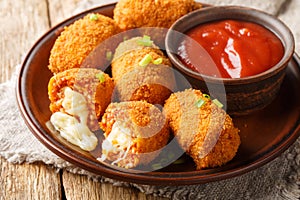 Suppli al telefono Italian snacks consisting of rice with tomato sauce filled with mozzarella, soaked in eggs, coated with bread photo