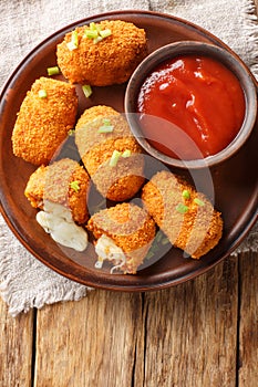 Suppli al telefono from Rome consists of deep-fried risotto rice with bolognese sauce and melting mozzarella closeup on the plate