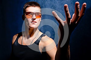 Suppliant looking male hold hand up