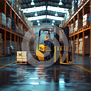 Supply chain dance Forklift maneuvers, loading pallets and boxes seamlessly