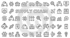 Supply chain icon set line design. Logistics, Distribution, Warehouse, Inventory, Transportation, Management, Shipping