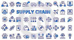 Supply chain icon set line design. Logistics, Distribution, Warehouse, Inventory, Transportation, Management, Shipping