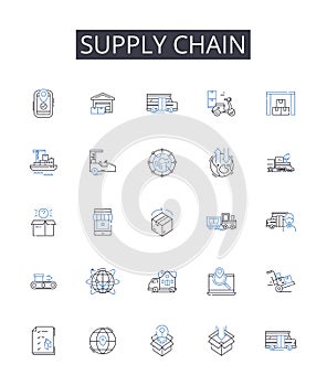 Supply chain line icons collection. Value stream, Logistics nerk, Manufacturing flow, Distribution channel, Product