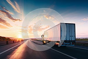 Supply Chain Logistics truck is driving on the motorway during sunset