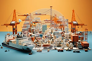 Supply chain. Miniature shipping port with cargo ship and cranes. Generative AI