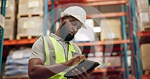 Supply chain, warehouse and black man on tablet for inspection, inventory and online stock. Manufacturing, distribution