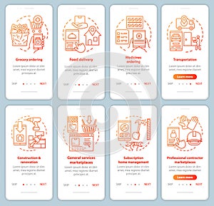 Supply and demand onboarding mobile app page screen vector templates set. Commercial services industry walkthrough