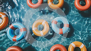 a supply of inflatable multi-colored lifebuoys at a swimming school. top view of the pool water surface