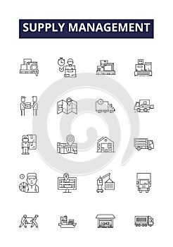 Supply management line vector icons and signs. Sourcing, Logistics, Distribution, Vendor, Inventory, Production, Control photo