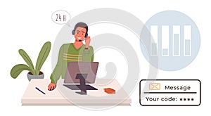 Customer Support Representative Providing Assistance with Computer and Phone in 247 Service