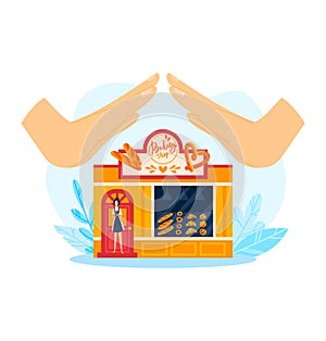 Support bakery and local market business vector illustration. Small shop with food, commercial retailer bread store