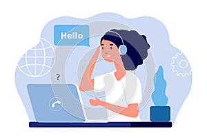 Support center. Calls administrator, woman with laptop and headphones. Customer service vector illustration