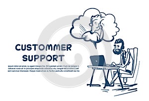 Support center headset agent man client bubble online operator office deck customer and technical service icon, chat