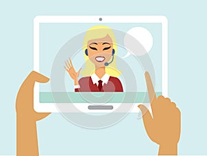 Support chat on tablet screen close up