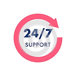 24 7 Support Circular Badge with Pink Rotating Arrow Design