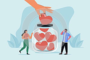 Support concept, flat tiny volunteer persons vector illustration. Donation jar collecting heart symbols, giving hand