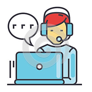 Support customer service, man with computer and headset, client chat concept.