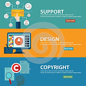Support, design and copyright banners in flat style