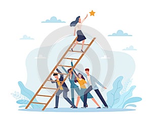 Support of friends and colleagues in achieving goal, realizing dreams. People hold ladder, woman takes out star, solving photo