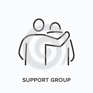 Support group flat line icon. Vector outline illustration of therapy, friendship hug. Man supporting his friend with