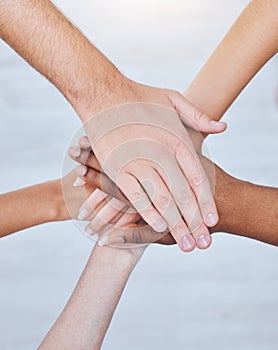 Support hands, solidarity and team building collaboration people together and united. Trust, help and social circle for