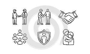 Support handshake group shield protection icon set for community unity and safety awareness
