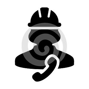 Support icon vector female construction service worker person profile avatar with phone and hardhat helmet in glyph pictogram