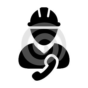 Support icon vector male construction service worker person profile avatar with phone and hardhat helmet in glyph pictogram