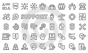 Support icons in line design. Assistance, help, service, consultation, response, care, experience, business, fast repair