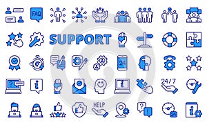 Support icons in line design, blue. Assistance, help, service, consultation, response, care, experience, business, fast