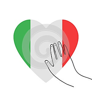 Support Italy banner. World virus attack. Hand holding heart shape national flag. three color template. Isolated vector illustrati